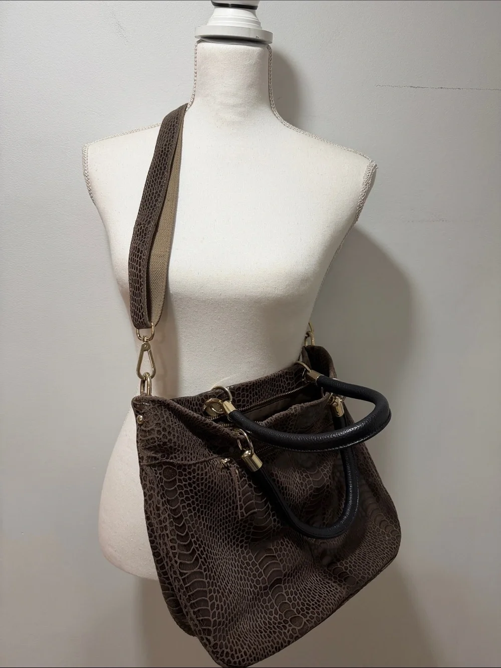 VTG Y2K 90s Croc Animal Print Brown Textured Leather Shoulder Bag Crossbody